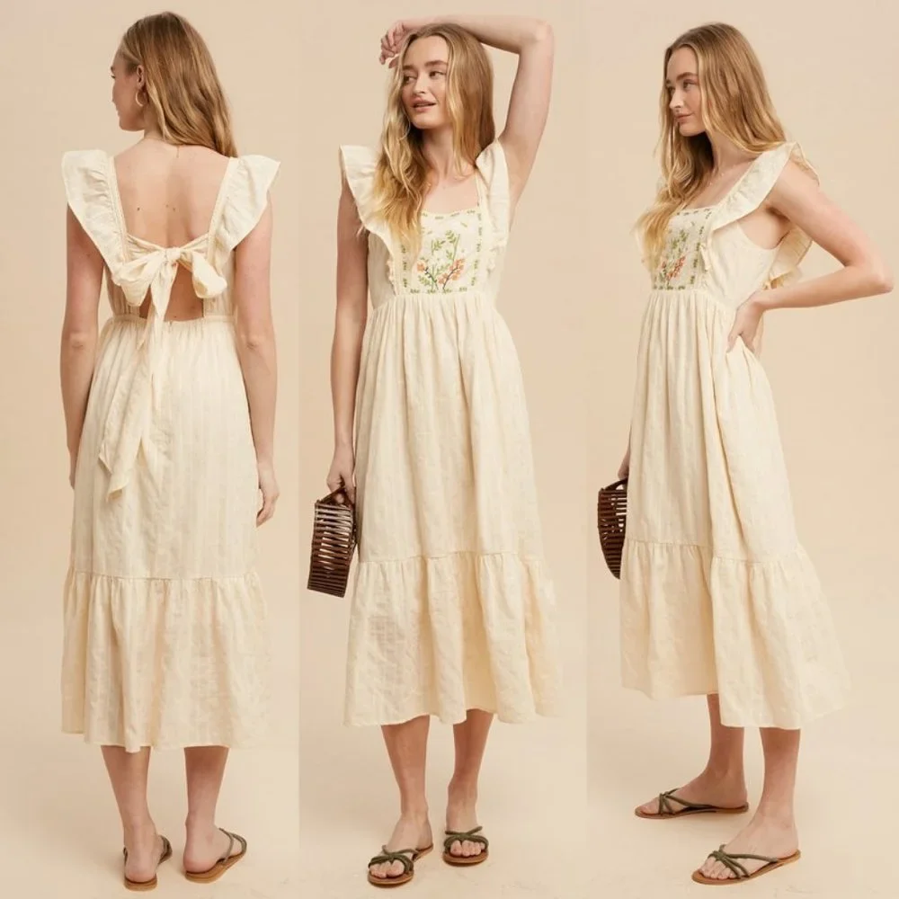 NEW Cream Apron Ruffle Square Neck Floral Embroidered Tie Back Cotton Midi Dress - Picture 6 of 12